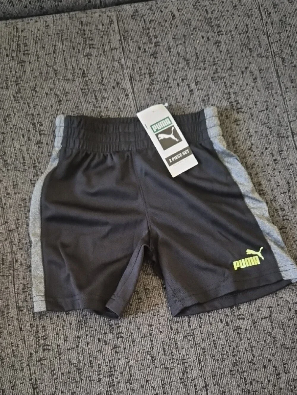 Puma Gray Tee & Black Shorts Kids Pajama Set with Neon Yellow Logo
